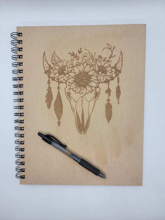 Sunflower Cow Skull with Feathers Notebook