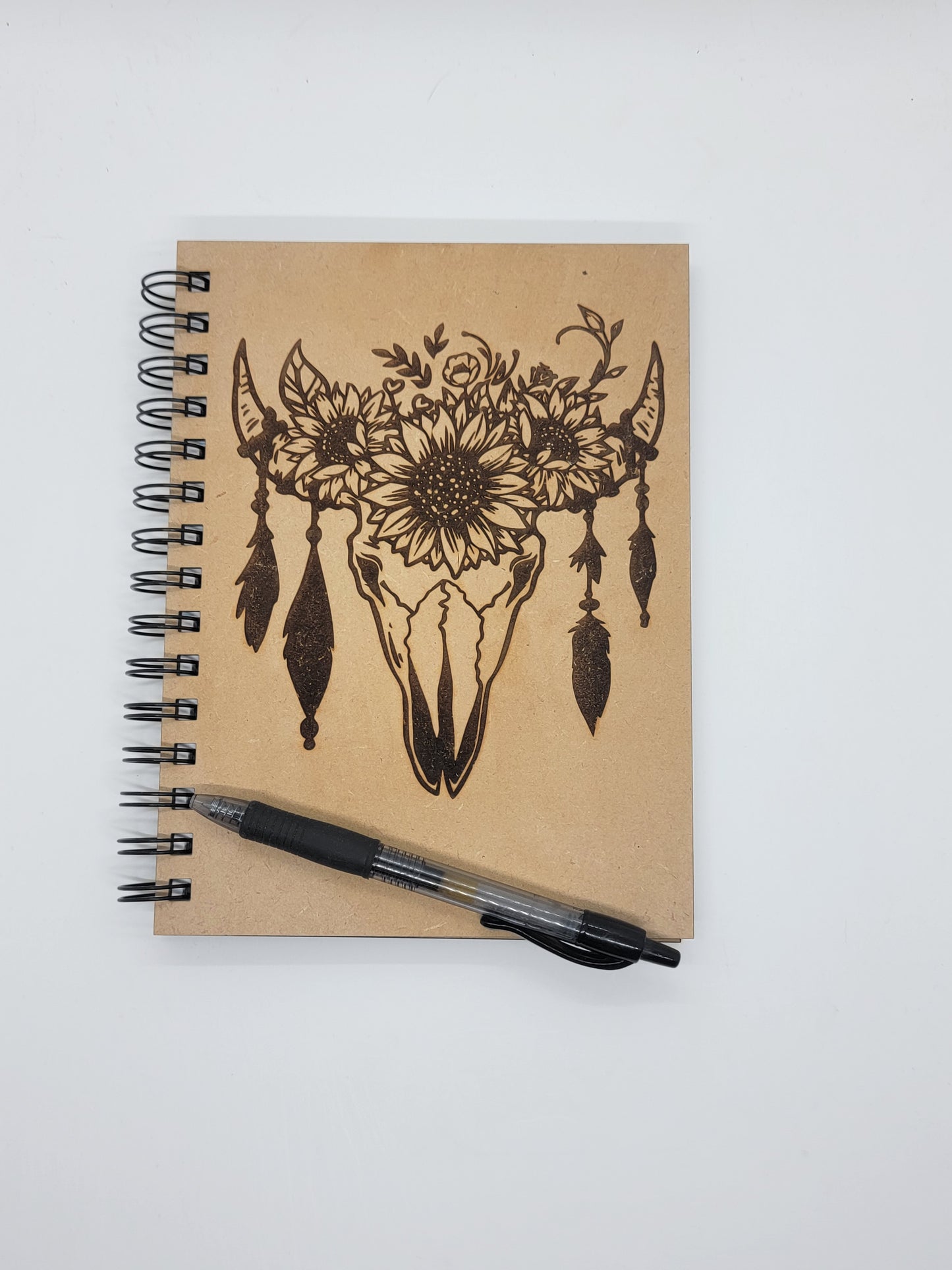 Sunflower Cow Skull with Feathers Notebook